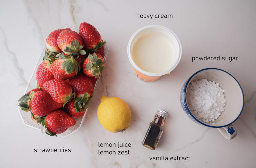 Labeled ingredients for making strawberry sauce and filling for strawberry crepes.