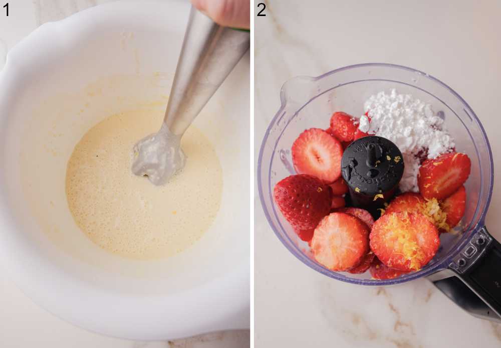 Crepe batter is being mixed in a bowl. Ingredients for strawberry sauce in a bowl.