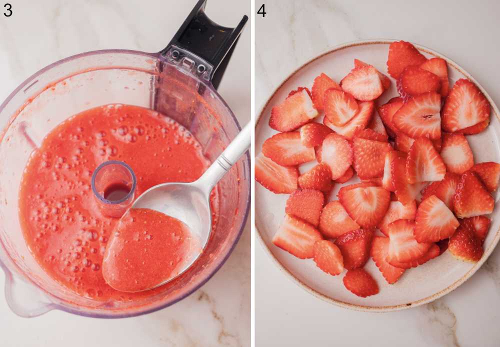 Strawberry sauce in a food processor bowl. Sliced strawberries on a plate.