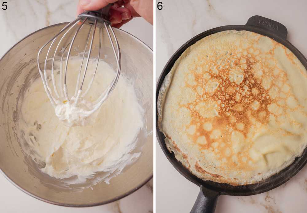 Whipped cream in a bowl and on a beater. A crepe on a black pan.