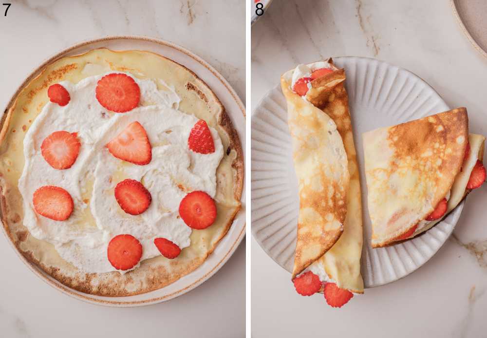 A crepe topped with whipped cream and straeberries. Two crepes folded in a different way to a grey plate.