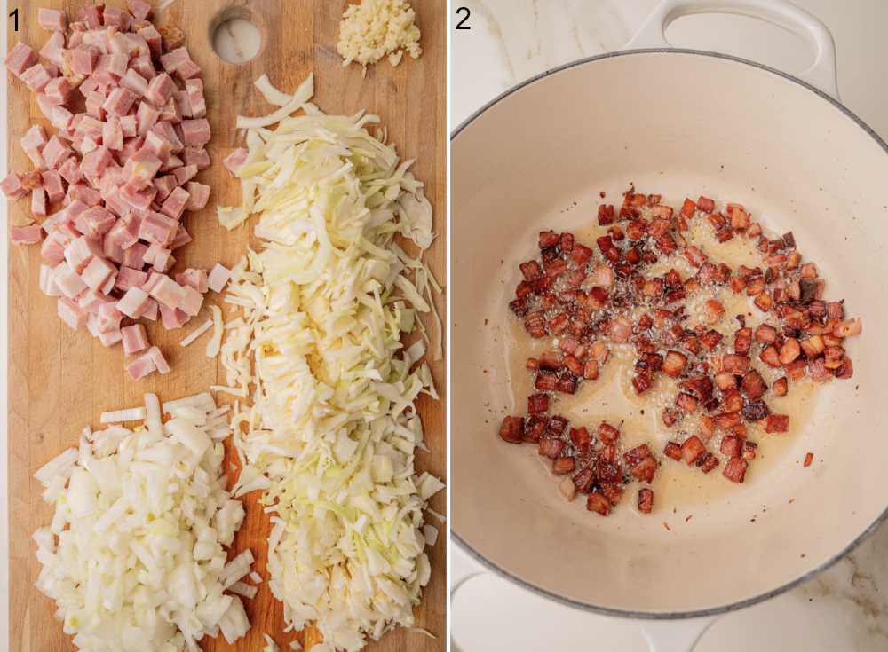 Chopped cabbage, onions, and Speck on a wooden board. Fried Speck in a white pot.