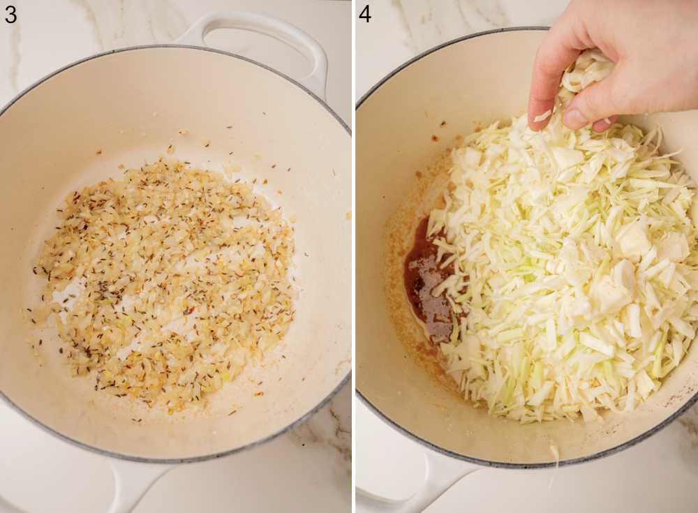 Sauteed onions, garlic, and caraway seeds in a pot. Shredded cabbage in a pot.