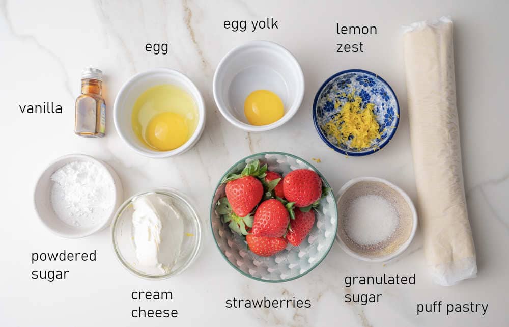 Labeled ingredients for Valentine's Strawberry Puff Pastry Hearts.