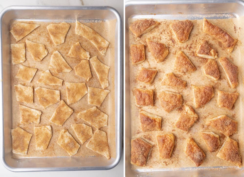 Cinnamon sugar puff pastry cookies made with leftover puff pastry on a parchment paper.