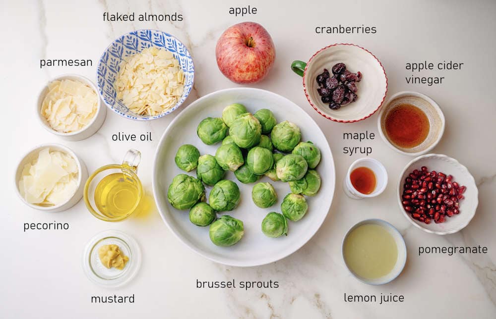 Labeled ingredients for brussel sprouts salad.