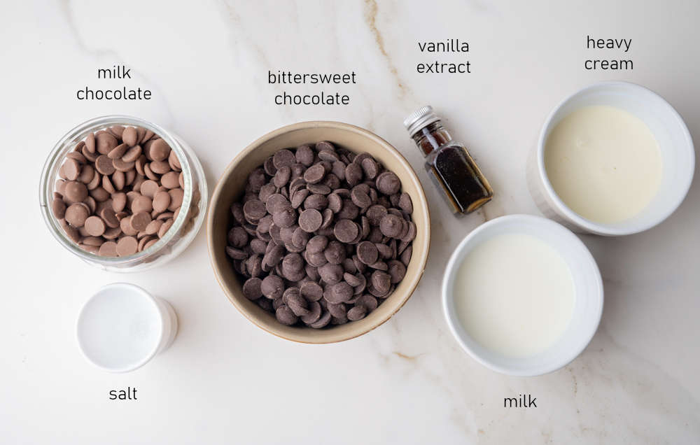 Labeled ingredients for chocolate fondue.