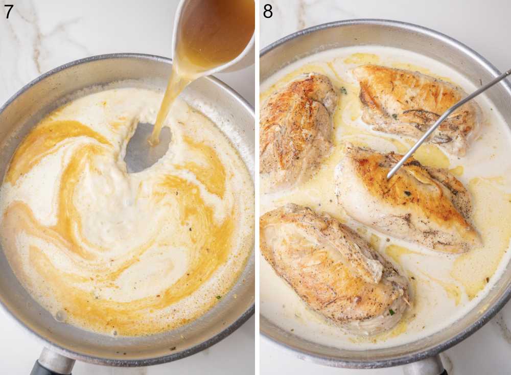 Broth is being added to a creamy sauce in a pan. Temperature is being measured inside of a chicken breast with a thermometer.