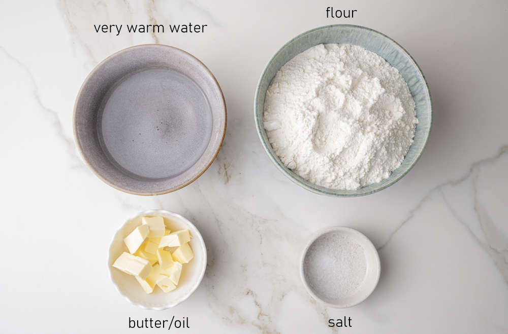 Labeled ingredients for pierogi dough.