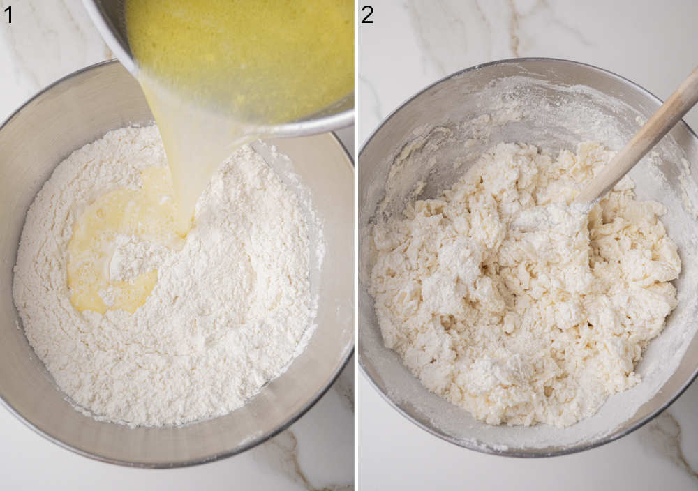 Warm water with butter is being added to flour in a metal bowl. Ingredients for pierogi dough are being stirred with a wooden spoon in a bowl.
