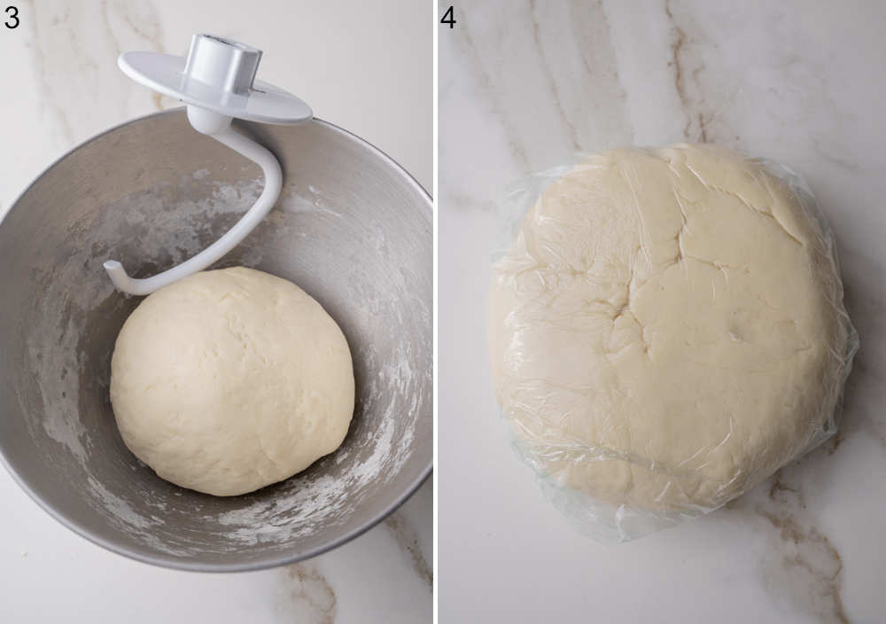Pierogi dough in a bowl. Pierogi dough wrapped in plastic foil.