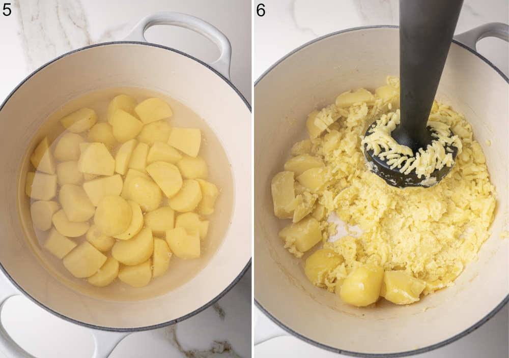 Potatoes are being cooked in a pot. Potatoes are being mashed in a pot.