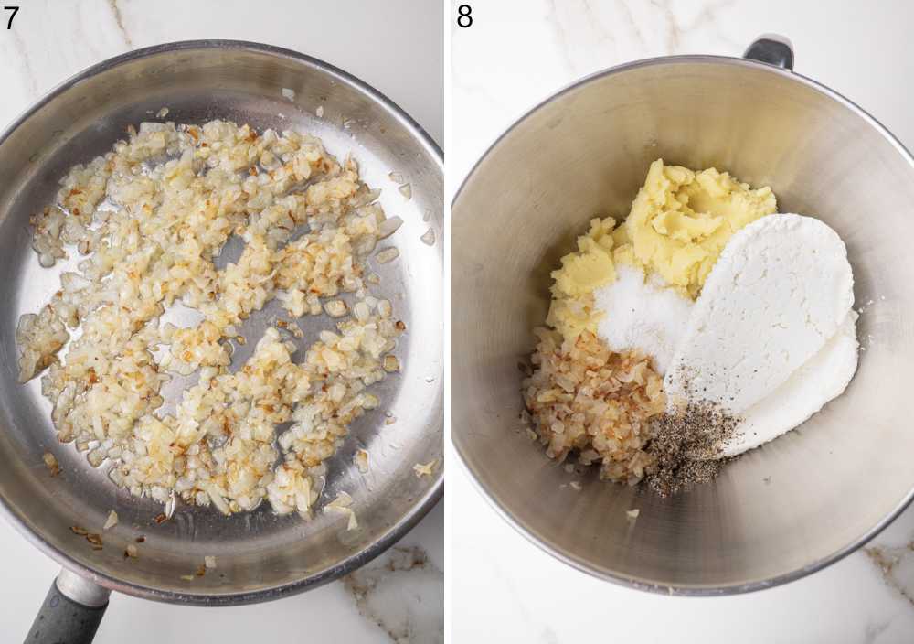 Sauteed onions in a frying pan. All the ingredients for pierogi ruskie filling in a bowl.