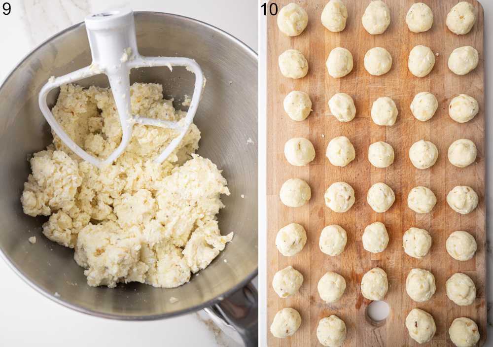 Pierogi ruskie filling in a bowl. Potato and cheese filling shaped into small balls on a wooden board.