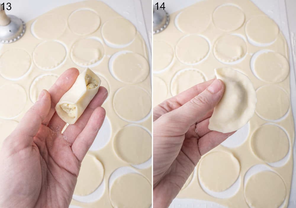 Two photos showing how to seal pierogi.