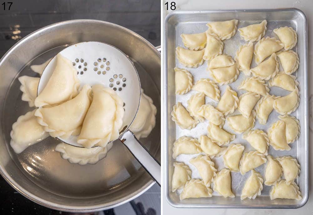 Pierogi are being cooked in a pot. Three pierogi are on a slotted spoon. Boiled pierogi on a baking sheet.