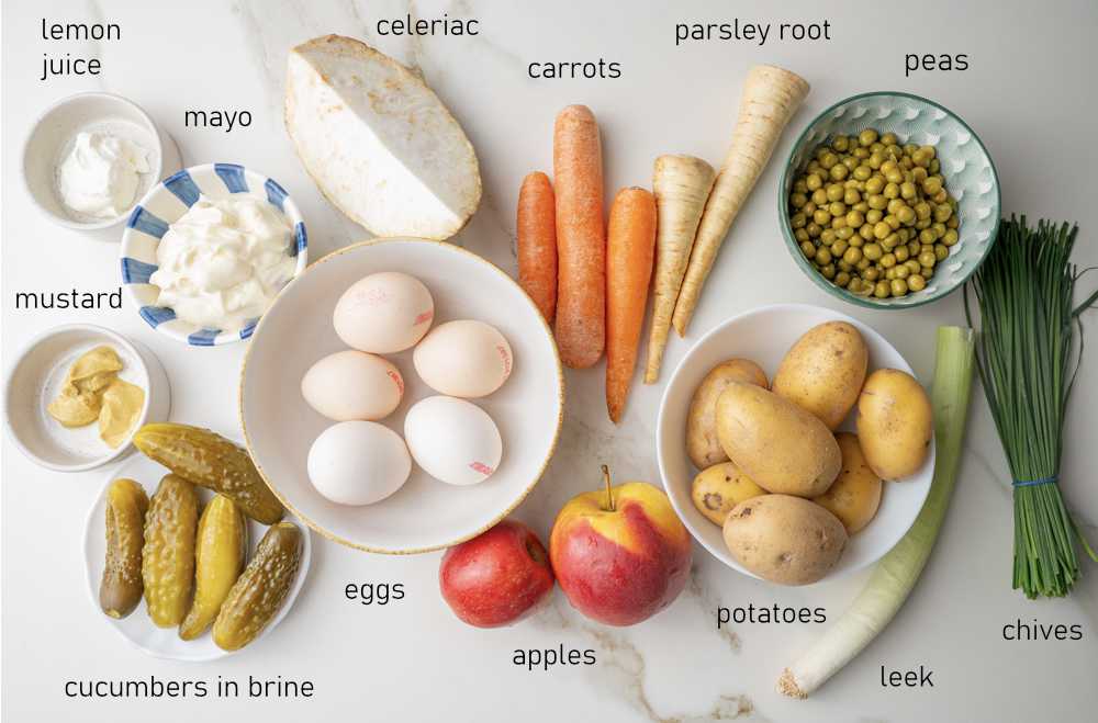 Labeled ingredients for salatka jarzynowa.