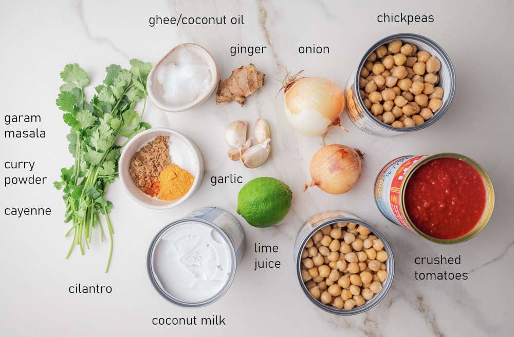 Labeled ingredients for chickpea curry.