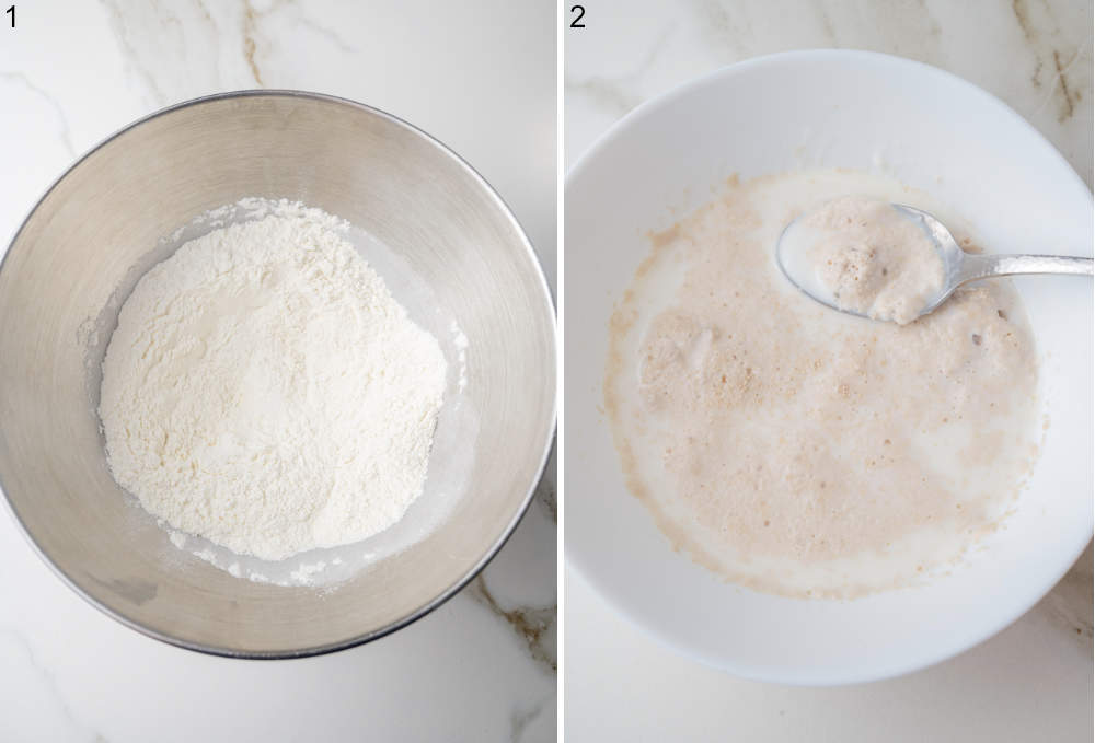 Flour in a metal bowl. Foamy yeast with milk in a white bowl.
