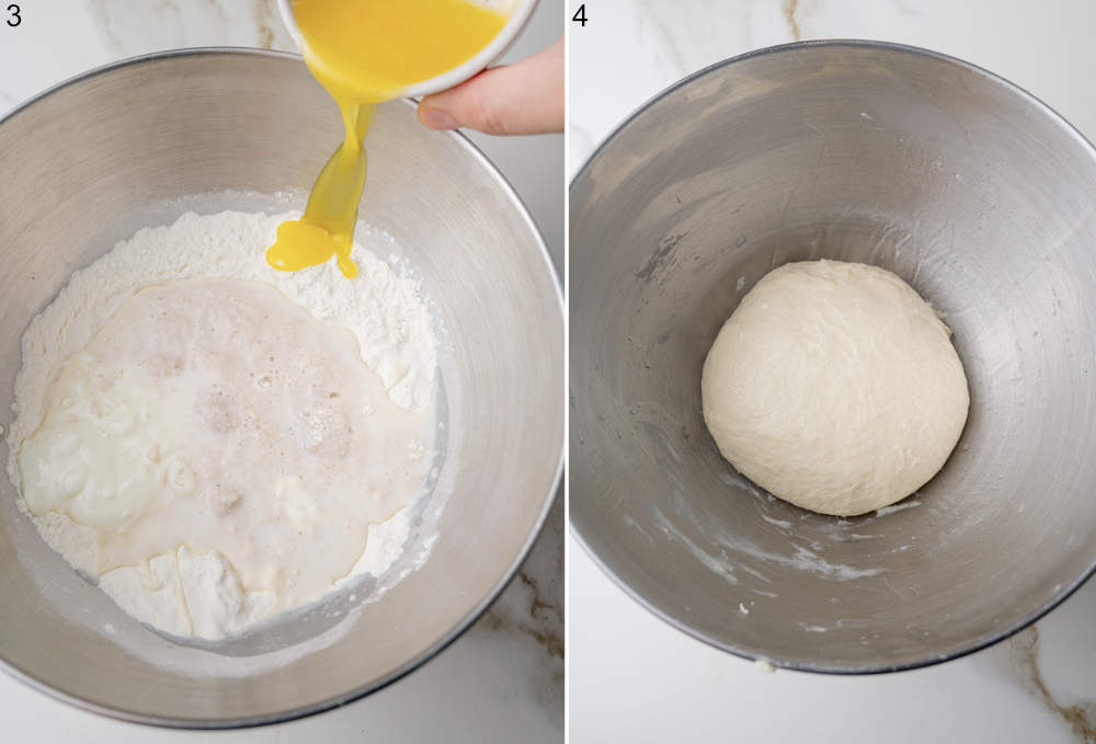Melted butter is being added to the dough ingredients in a bowl. A ball of dough in a bowl.