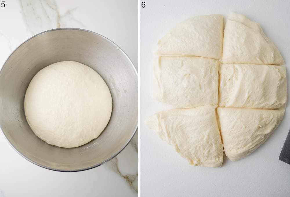 Risen yeast dough in a bowl. A dough divided into 6 parts on a counter.