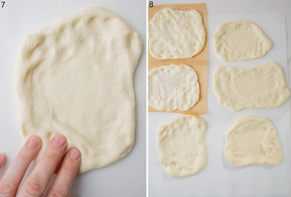 Yeast dough flattened into flatbreads.