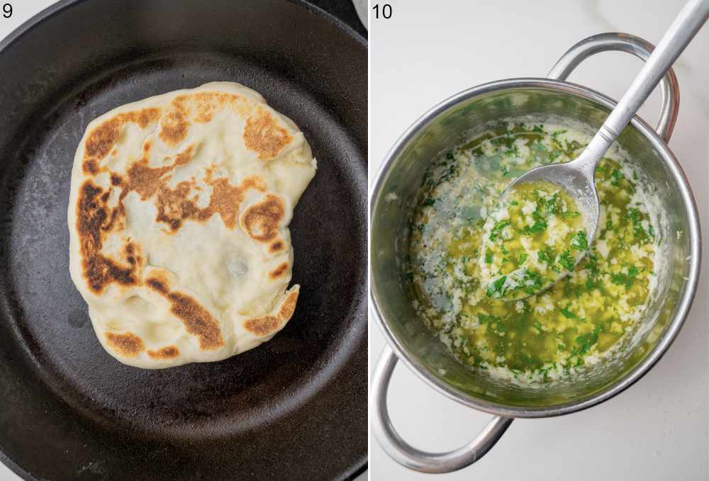 Naan bread is being cooked in a cast iron pan. Garlic parsley butter in a small pot.