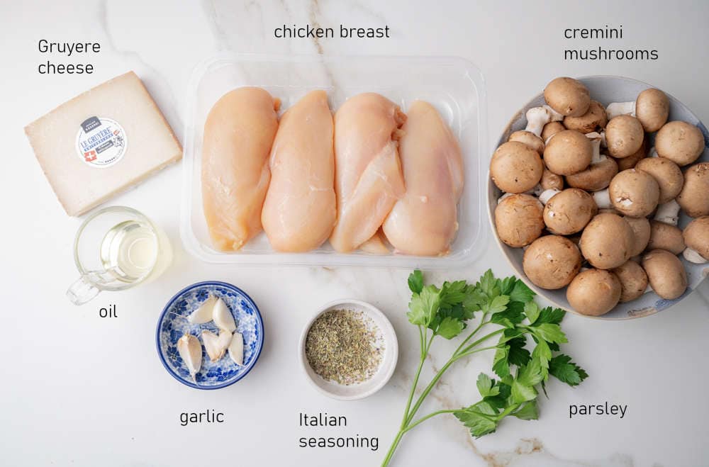 Labeled ingredients for mushroom-stuffed chicken breast.