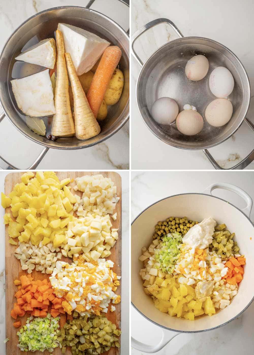 A collage of four photos showing how to make Polish salatka jarzynowa step by step.