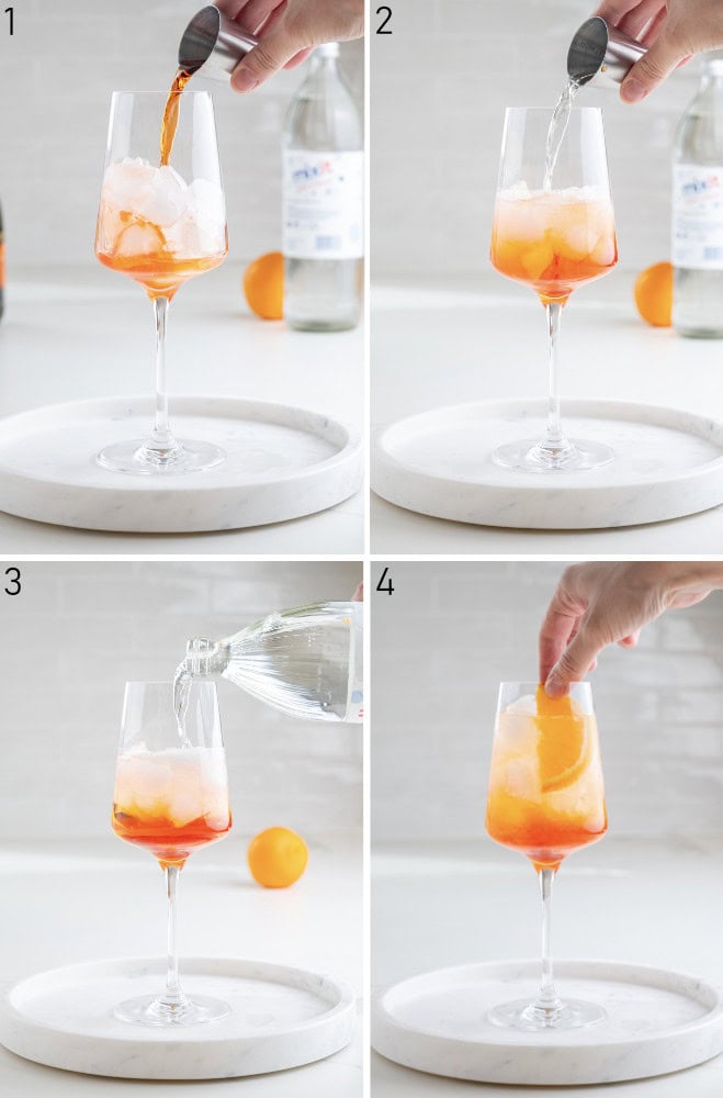A collage of 4 photos showing how to prepare Aperol Spritz cocktail step-by-step.