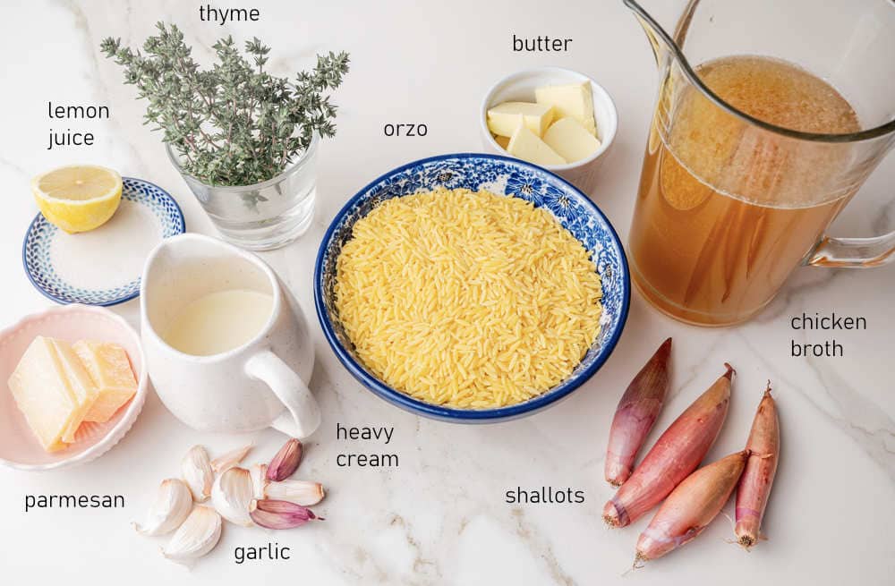 Labeled ingredients for parmesan orzo.