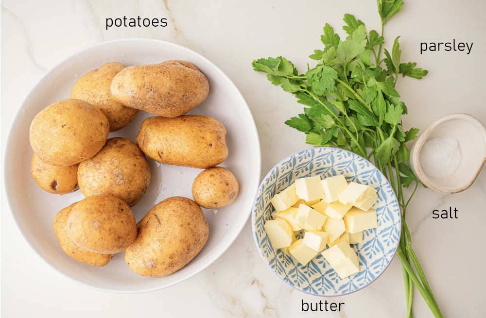 Labeled ingredients for parsley potatoes.