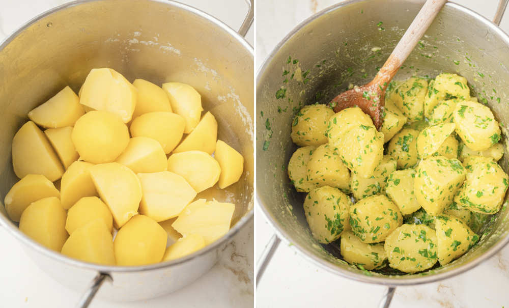 Boiled potatoes in a pot. Potatoes with parsley butter in a pot.