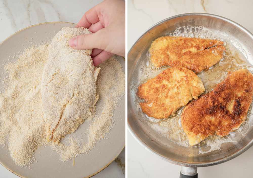 Chicken fillte is being coated in breadcrumbs. Breaded chicken fillets are being cooked in a pan.