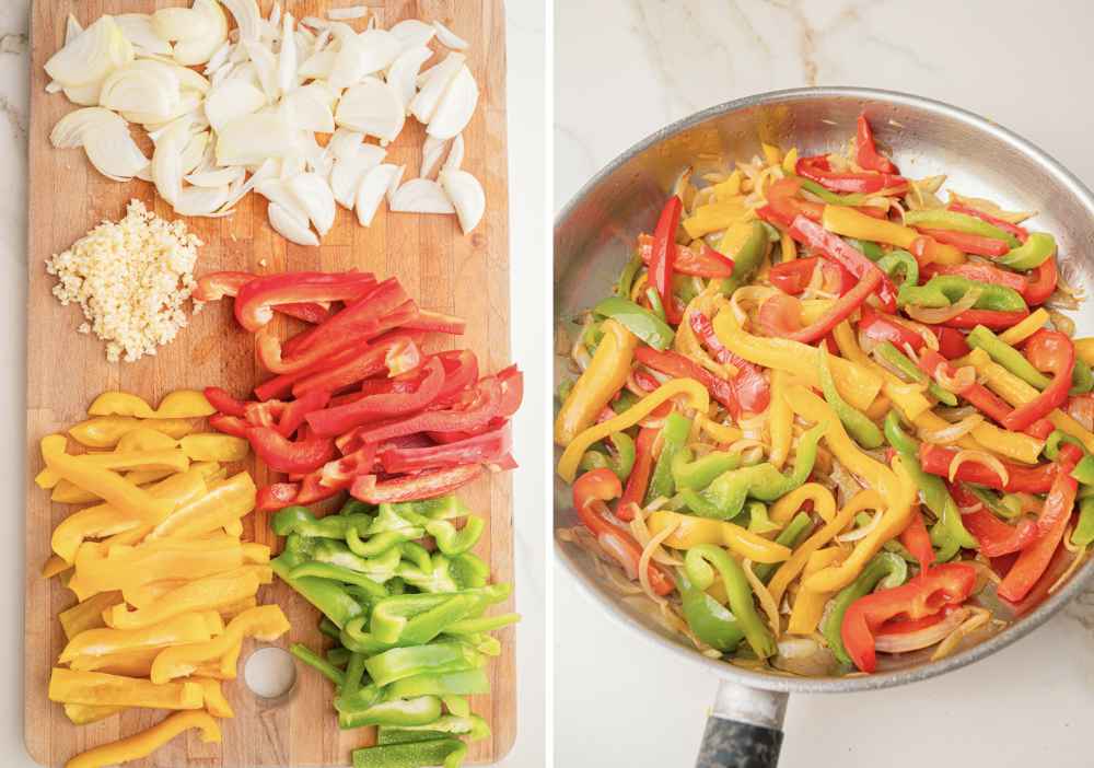 Sliced bell peppers and onions on a wooden board. Bell peppers and onions are being cooked in a pan.