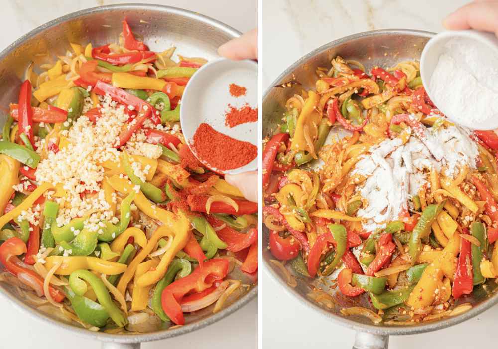 Paprika, garlic, and flour are being added to a pan with sauteed bell peppers and onions.