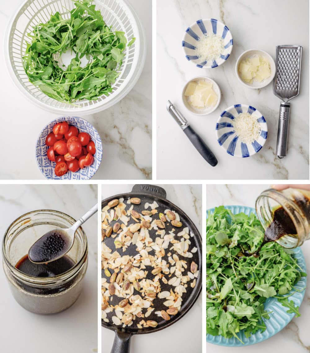 A collage of 5 photos showing how to make arugula salad.