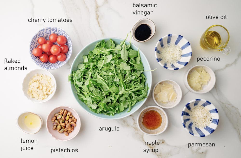 Labeled ingredients for arugula salad.