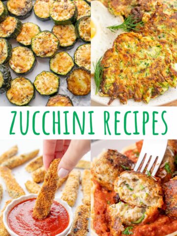 A collage of 4 photos showing different zucchini dishes.