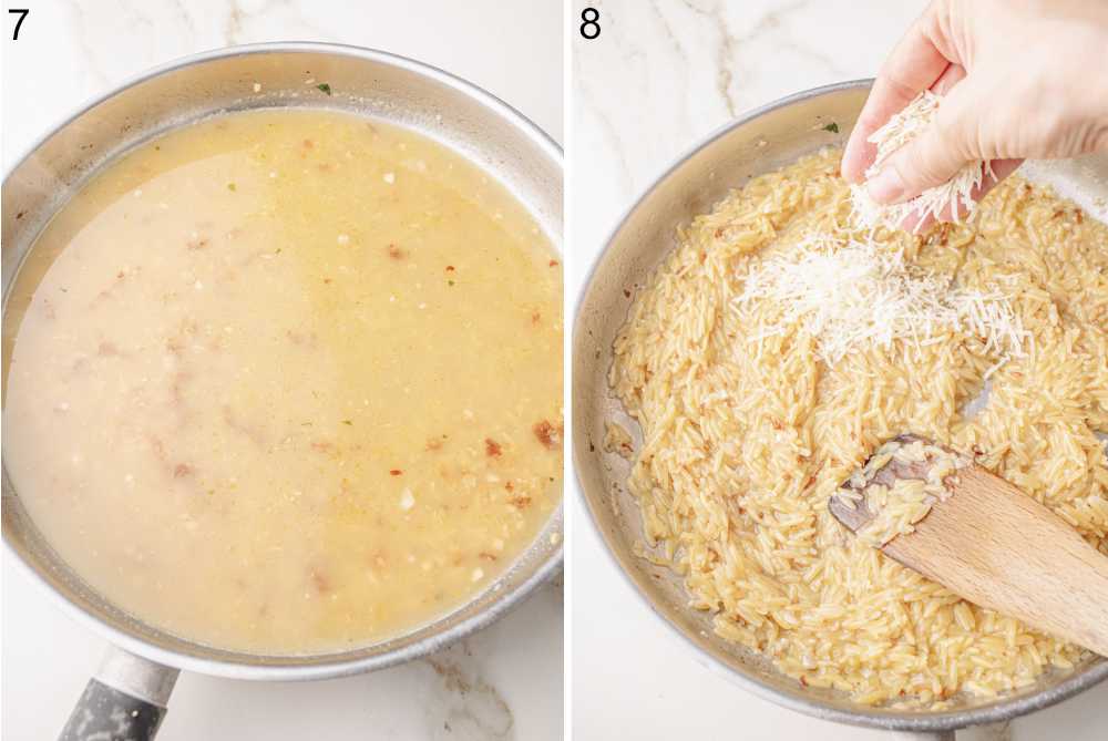 Makaron orzo z bulionem na patelni.