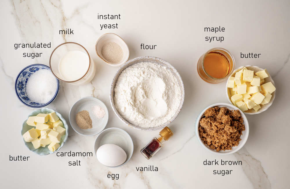 Labeled ingredients for Brunsviger cake.