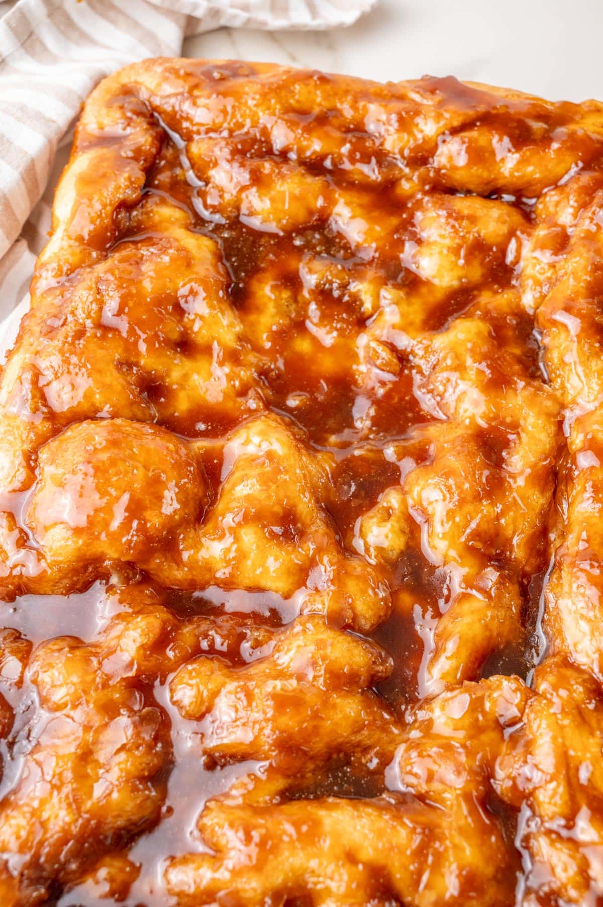 An overhead close-up photo of Brunsviger cake.