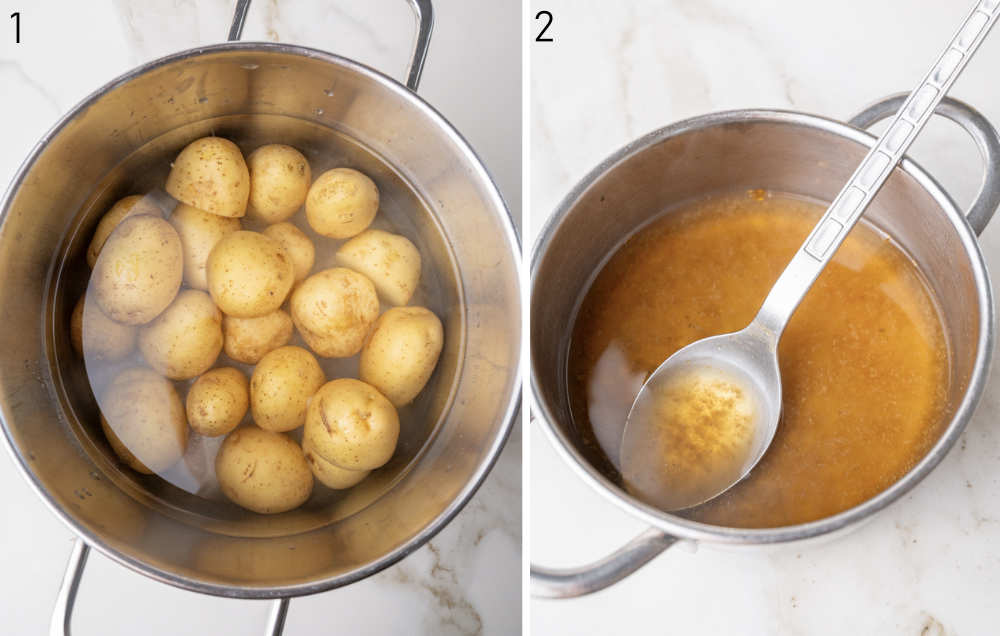 Potatoes in water in a pot. Beef broth in a small pot.