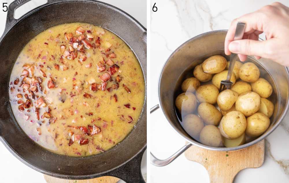 Bacon vinaigrette in a pan. Cooked potatoes in a pot are being checked with a fork.