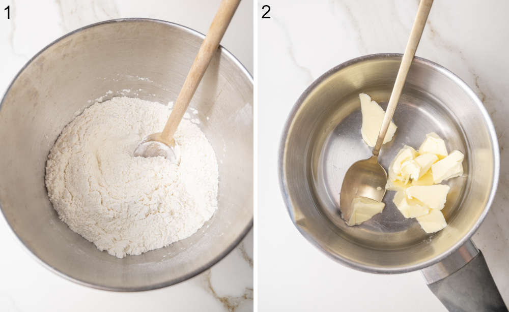 Flour in a bowl. Butter in a pot.