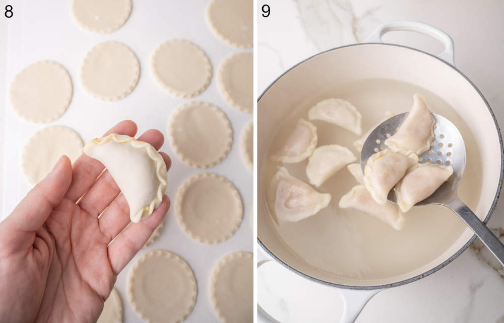 A formed pierog in a hand. Pierogi are being cooked in a pot with a couple pierogi on a slotted spoon.