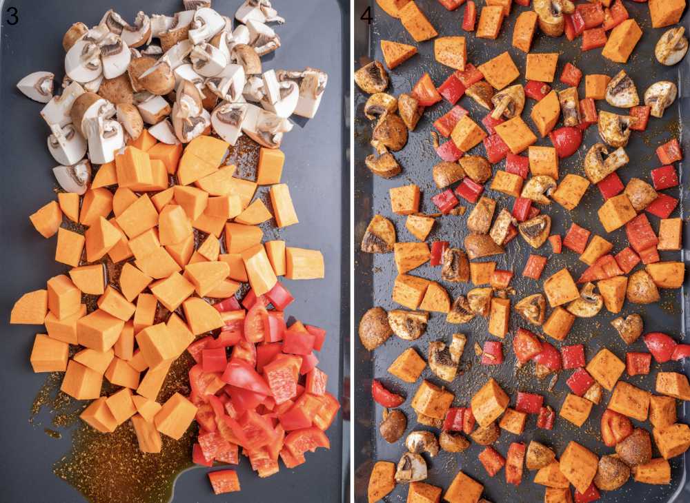 Sweet potatoes, bell pepper, and mushrooms on a black baking sheet.