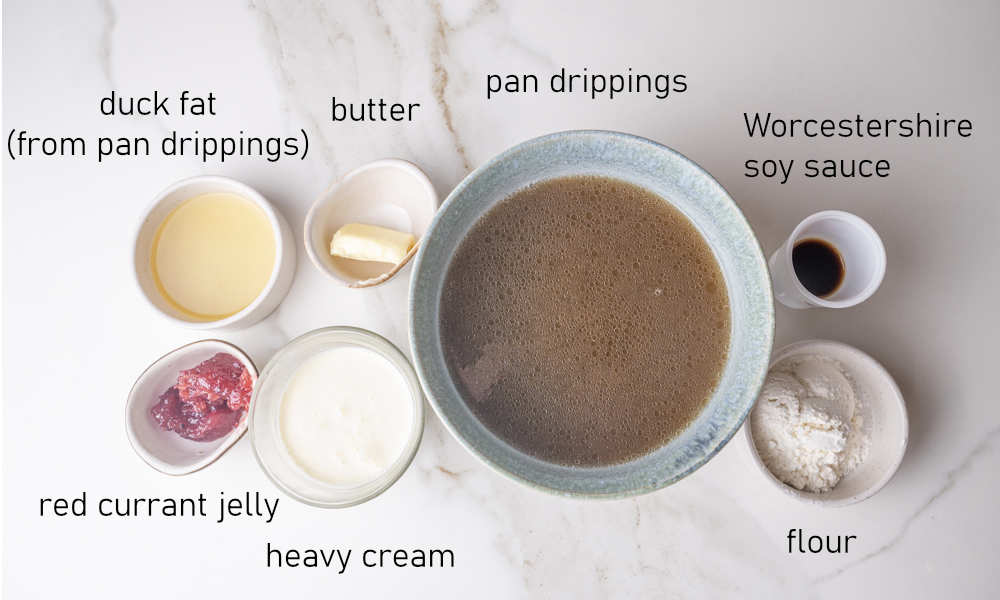 Labeled ingredients for a gravy for Danish Christmas duck.
