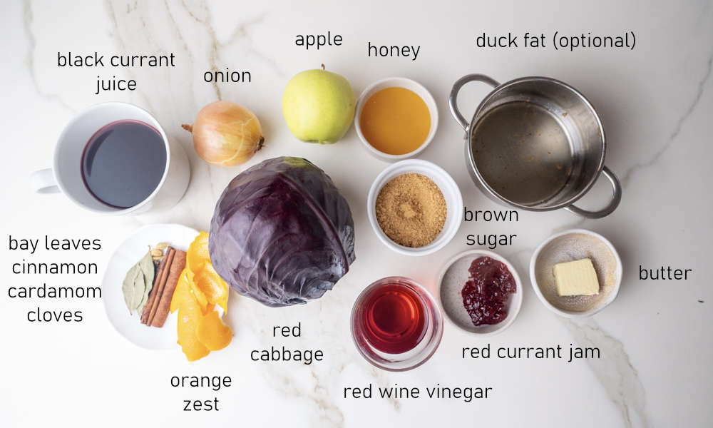 Labeled ingredients for Danish red cabbage.