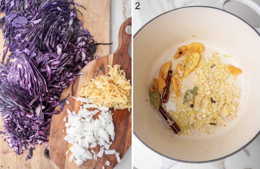 Chopped cabbage, onion, and apple. Sauteed onion with spices in a pot.